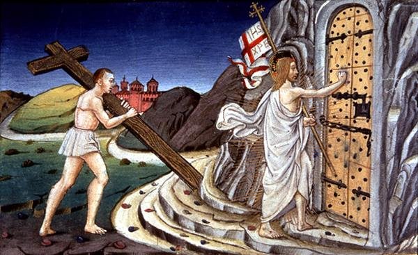 Fol.125va Kuolemansa jälkeen Kristus kääntyy johtamaan vanhurskaiden sielut paratiisiin (vellum) tekijältä Italian School
