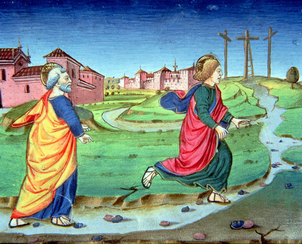 Fol.129vb Maria Magdaleena kertoo ylösnousemuksesta Simon Pietarille (vellum) tekijältä Italian School