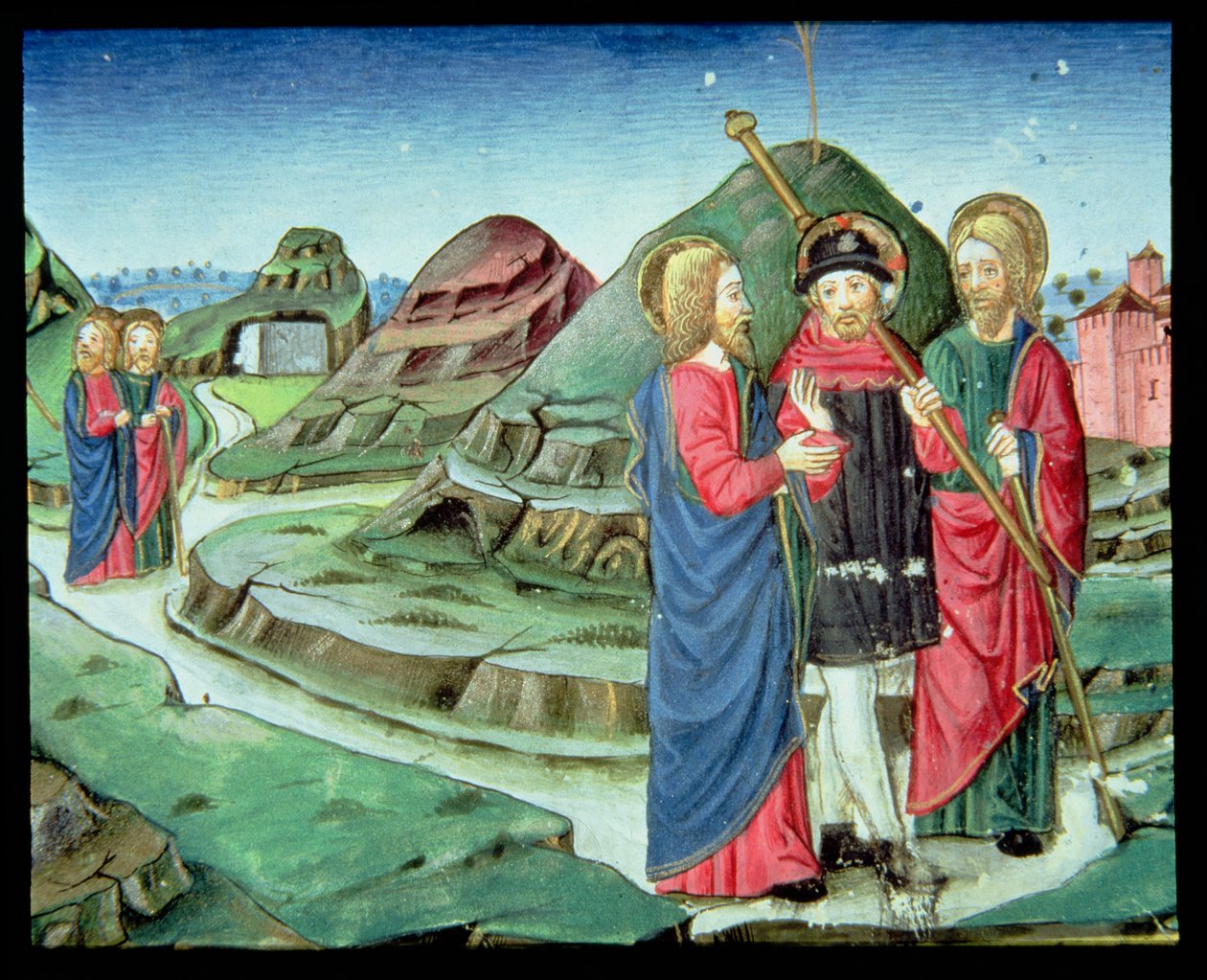 Fol.130v Kristus on kahden opetuslapsen mukana Emmaukseen ymmärtämättä, että se on Hän (vellum) tekijältä Italian School