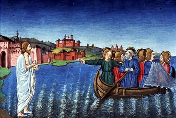 Fol.134r Opetuslapset kalastavat Galilean järvessä (vellum) tekijältä Italian School