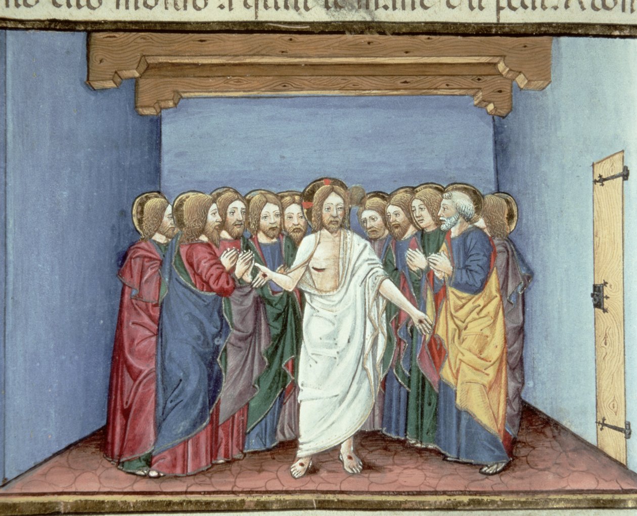 Fol.135v Jeesus ilmestyy opetuslapsille, jotka ovat kokoontuneet saman katon alle tuomarien pelossa (vellum) tekijältä Italian School