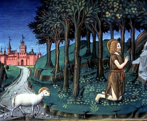 Fol.143v Pyhä Johannes Kastaja rukoilee autiomaassa (vellum) tekijältä Italian School