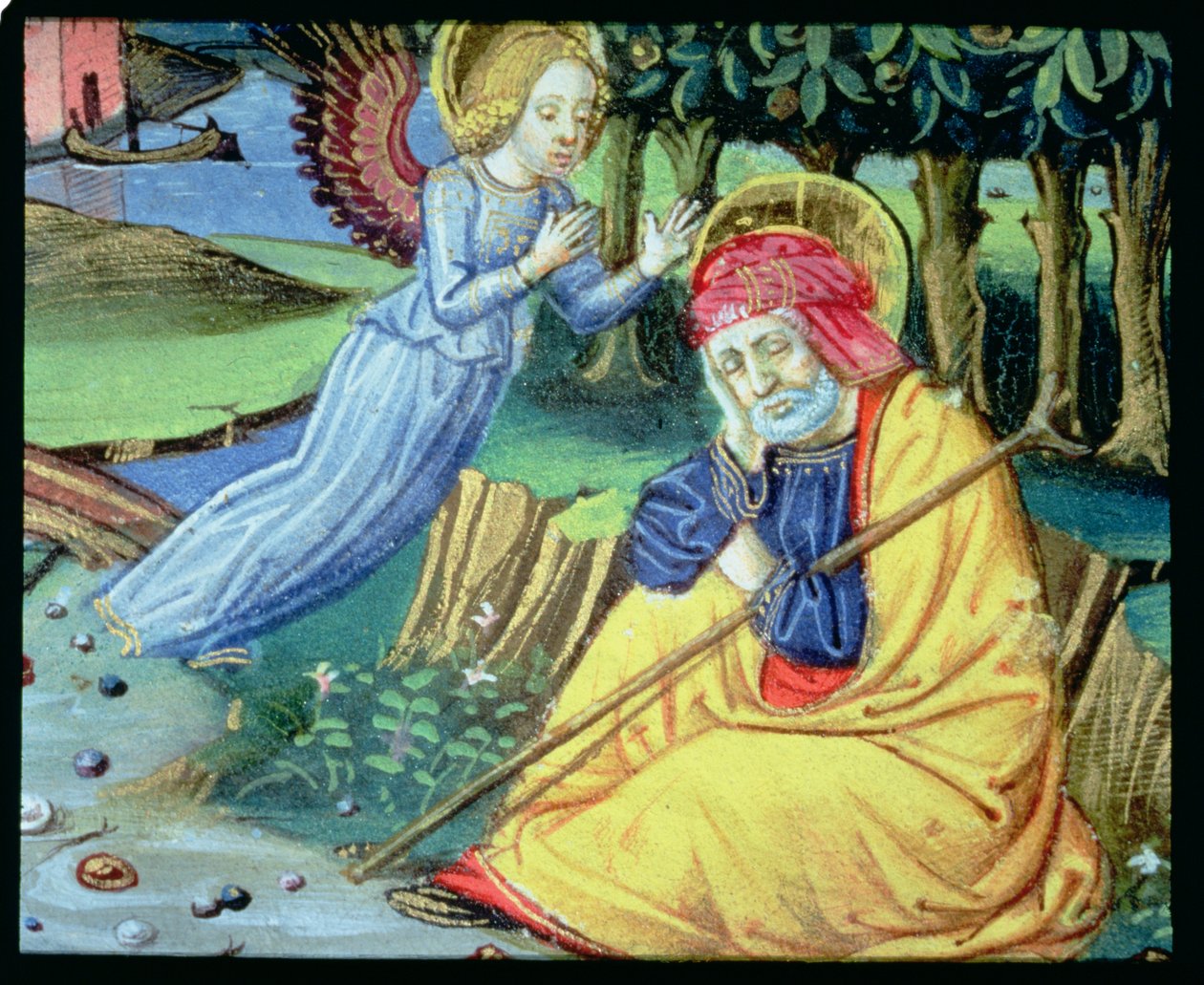 Fol.37v Enkeli kertoo Joosefille, että Maria on raskaana (vellum) tekijältä Italian School