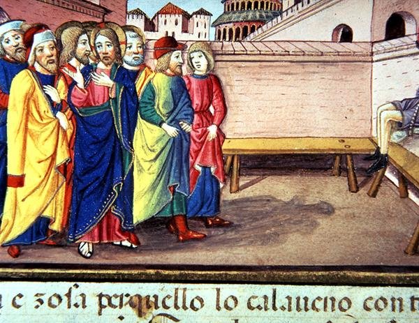 Fol.51v Kristus astuu Cafarnaoon (vellum) tekijältä Italian School