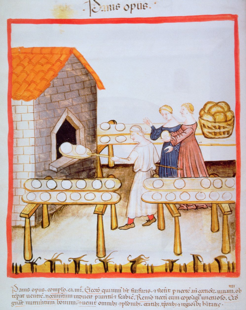 Fol.63v Baking Brown Bread, kuva Tacuinum Sanitatisista tekijältä Italian School