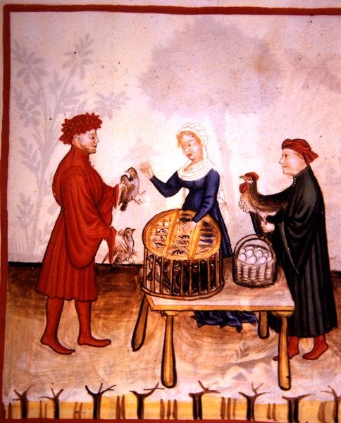 Fol.67r Nuorten kyyhkysten myynti, kuvitus 