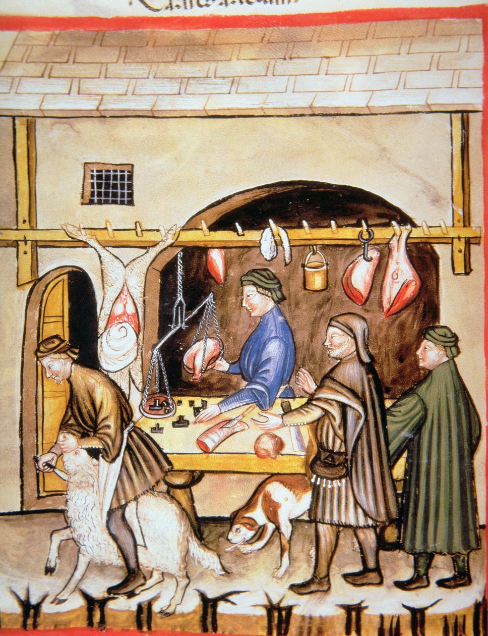 Fol.72v The Butchers: Myydään lampaanlihaa, kuva Tacuinum Sanitatisista tekijältä Italian School