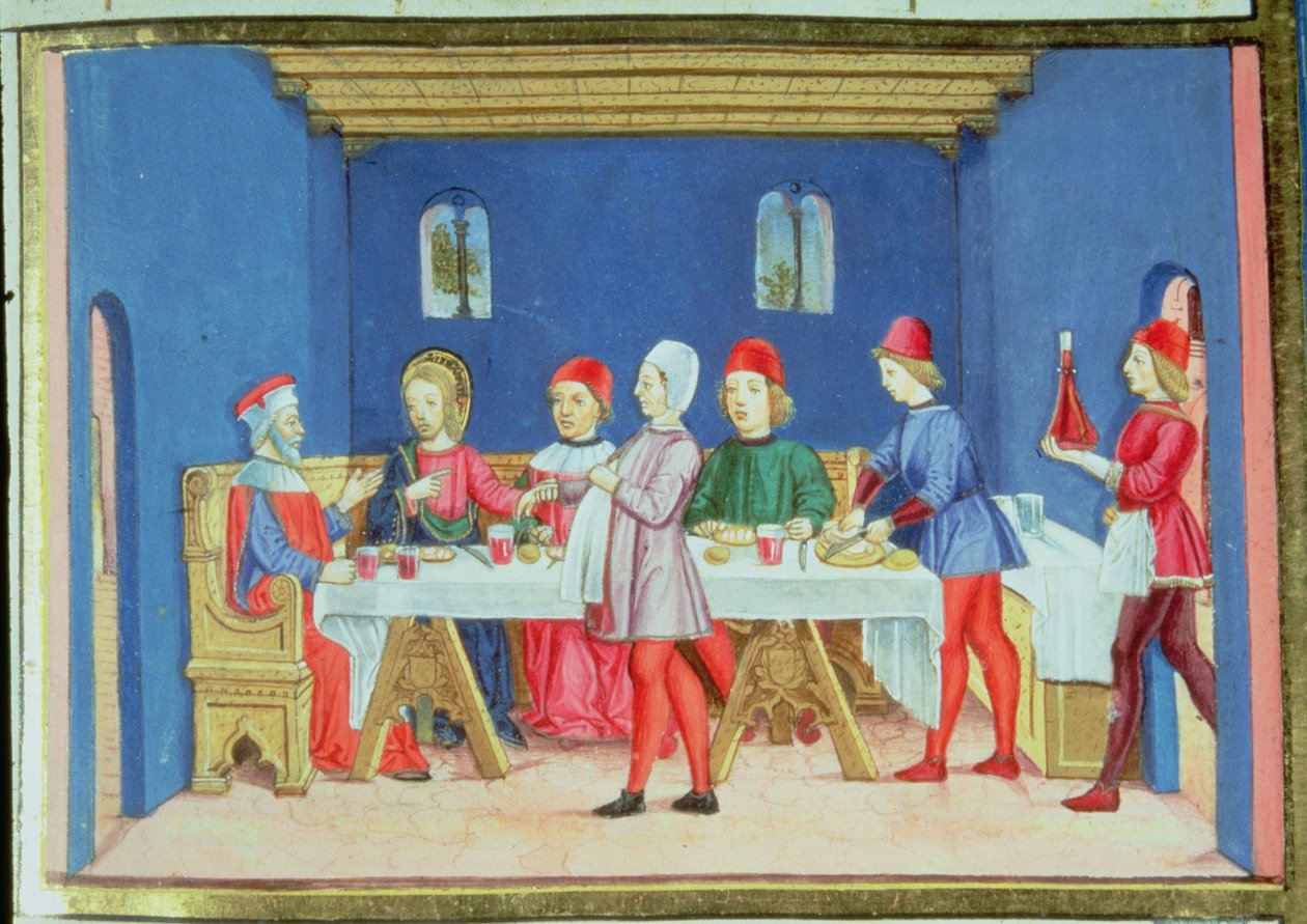 Fol.75v Jeesus aterian aikana fariseuksen talossa kysyy, saako hänen parantaa sapattina (vellum) tekijältä Italian School