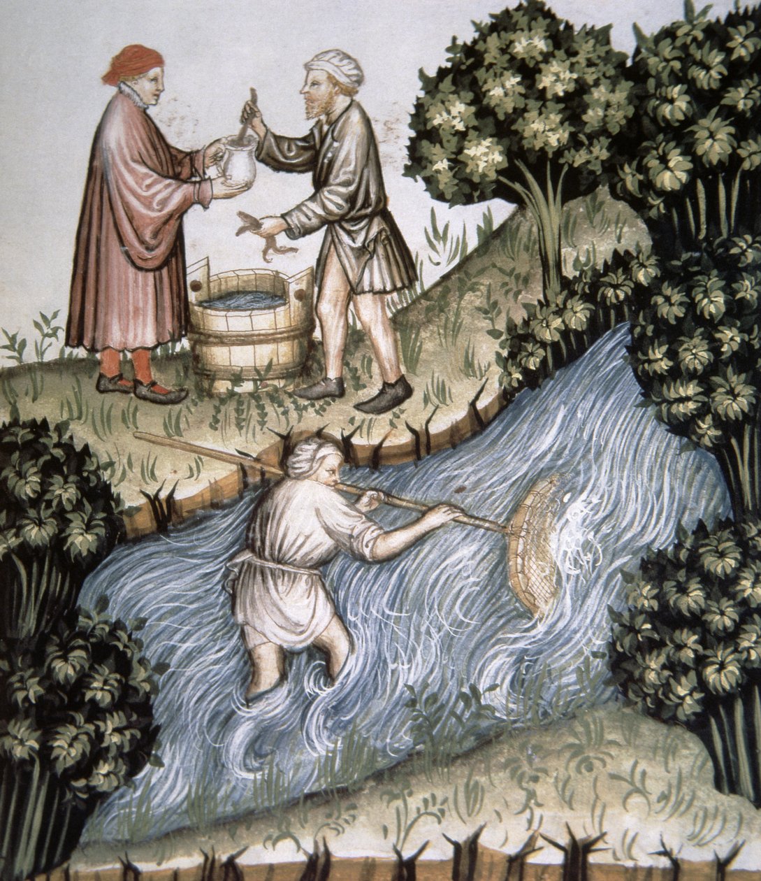 Fol.84r Kalastus, kuvitus Tacuinum Santiatis Codex Vindobonensisista tekijältä Italian School