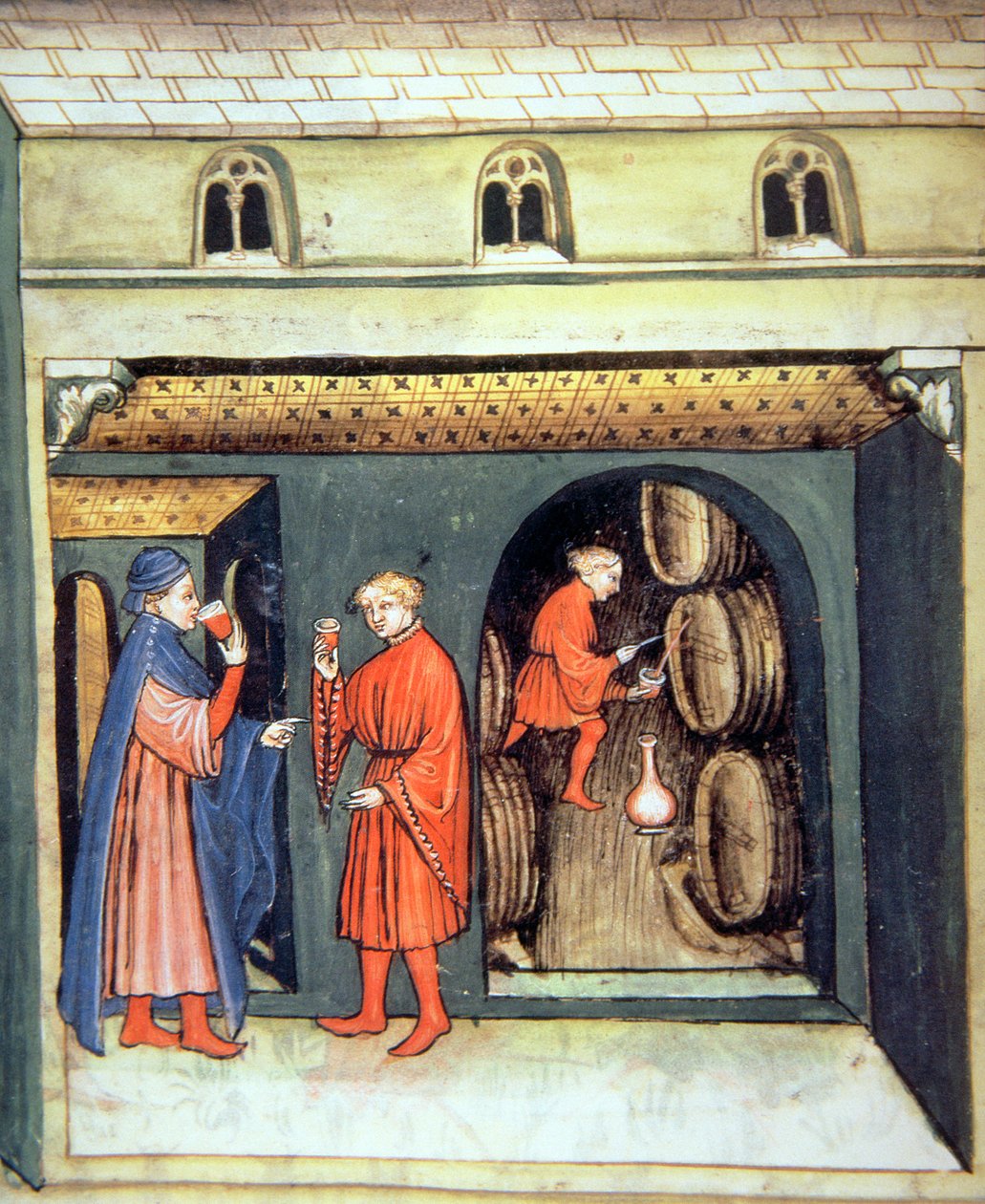 Fol.86v Aged Fruit Wine, kuvitus Tacuinum Santiatis Codex Vindobonensis tekijältä Italian School