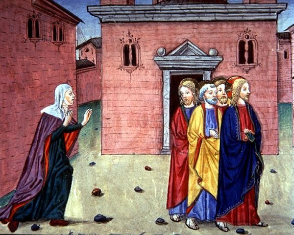 Fol.86v Kristus tapaa naisen ja sanoo "olet parantunut" (vellum) tekijältä Italian School