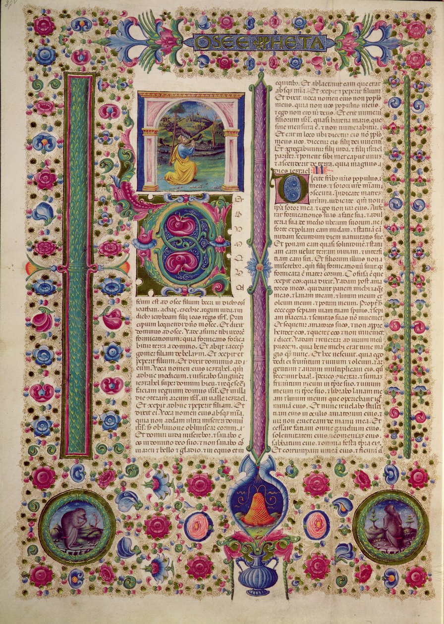 Fol.87v Profeetta Hoosean (pieni profeetta, joka saarnaa epäjumalia palvovia juutalaisia vastaan) kirjan avaaminen Borso d