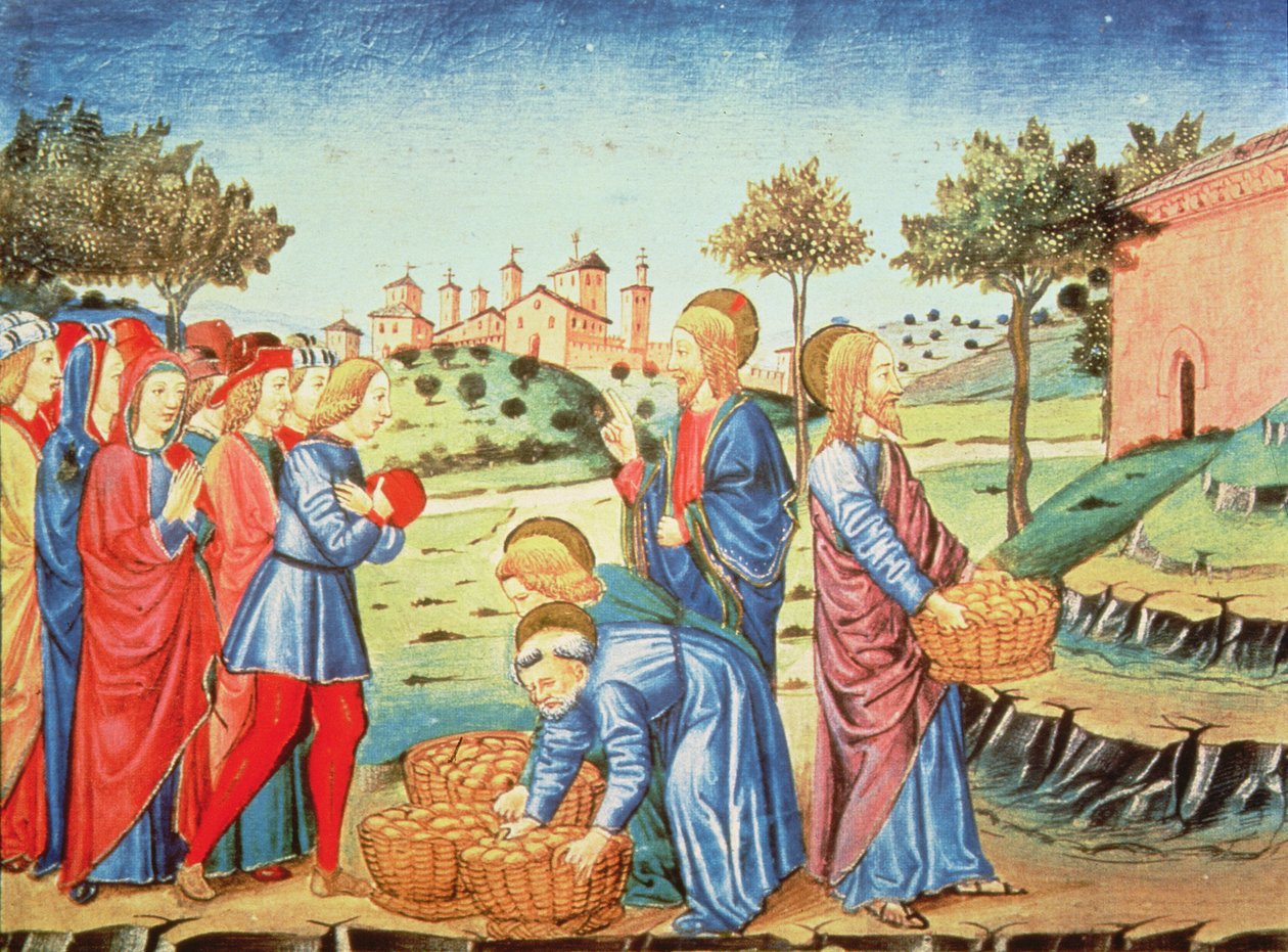 Fol.90v Kristus ja viiden leivän ja kahden kalan ihme (vellum) tekijältä Italian School