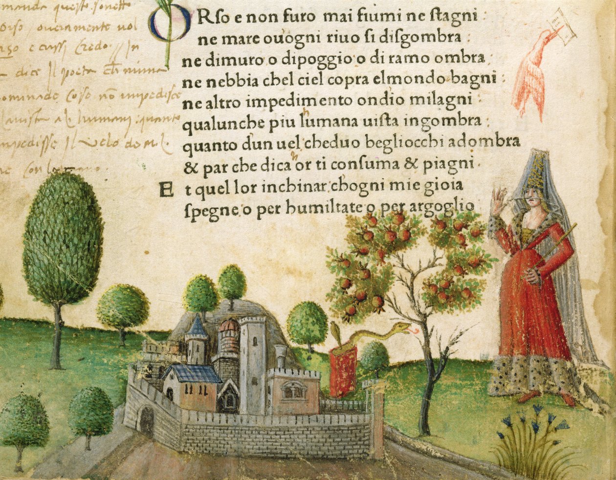 Fol. 17v, "Karhu, älä koskaan jokia tai lampia", Petrarchin teoksesta "Canzoniere e Trionfi", n. 1470 tekijältä Italian School