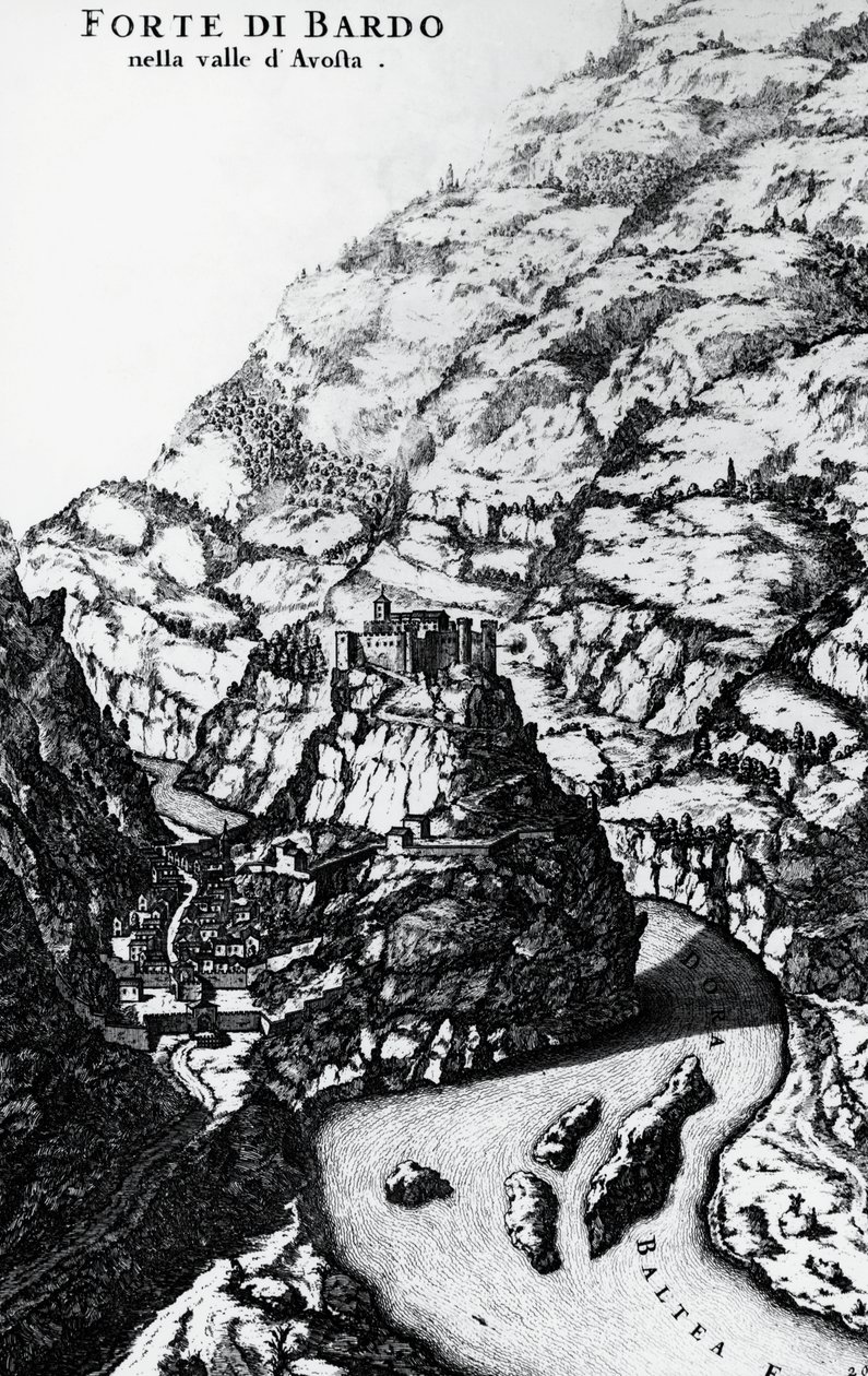 Fort Bard, kaiverrus Theatrum Sabaudiaesta tekijältä Italian School