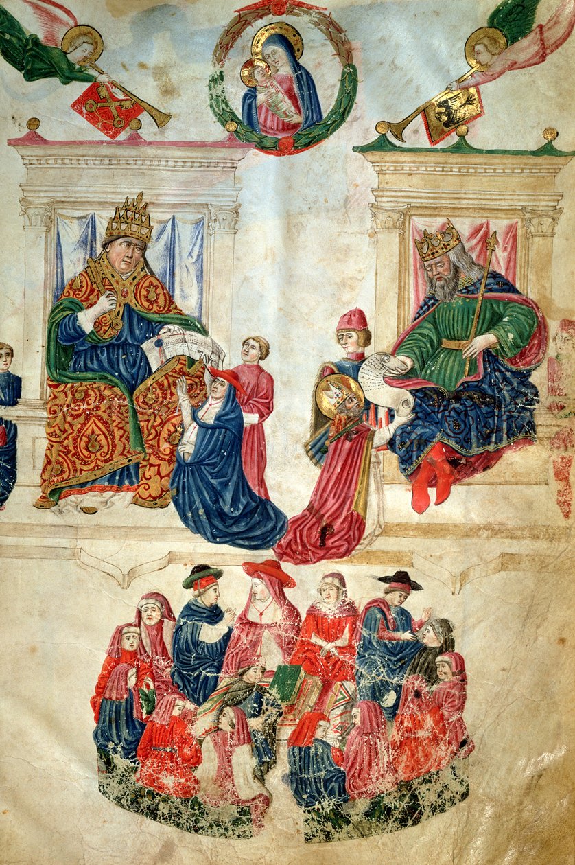Keisari Theodosius II:n (408-450) perustama Bolognan yliopiston perustaminen ja paavi Paavali II:n (1417-71) myöntämät erioikeudet (vellum) tekijältä Italian School