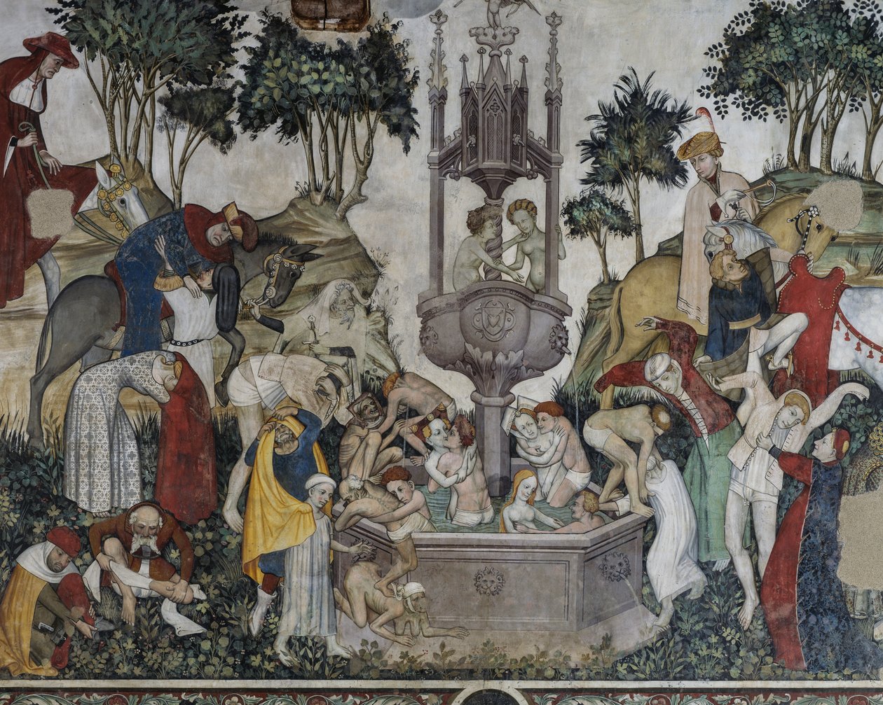 Nuorten suihkulähde, yksityiskohta Nuorten suihkulähteestä, fresko Baronial Hallissa, Mantan linna, Saluzzo, Piemonte, Italia tekijältä Italian School