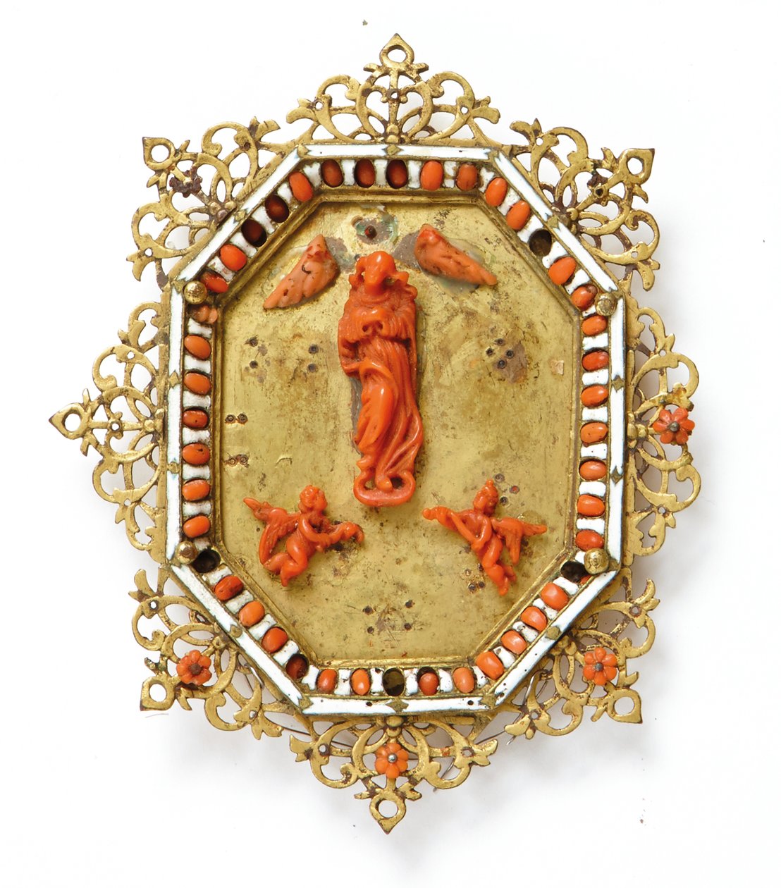 Kehys, joka kuvaa Neitsyt Immaculate, Trapani, 1600-luvun puoliväli (kullattua kuparia, emalia ja korallia) tekijältä Italian School