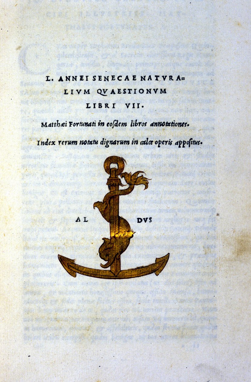 Seneque the Philosopher tai Lucius Annaeus Senecan (2 eKr. - 65 jKr.) ""Naturalium Questionum Libri VII""" tai ""Natural Questionum Libri VII"""" JC), painanut vuonna 1503 Aldo Manuzio (Alde Manonce) (1450 - 1515)., venetsialainen tutkija ja kirjapaino. tekijältä Italian School