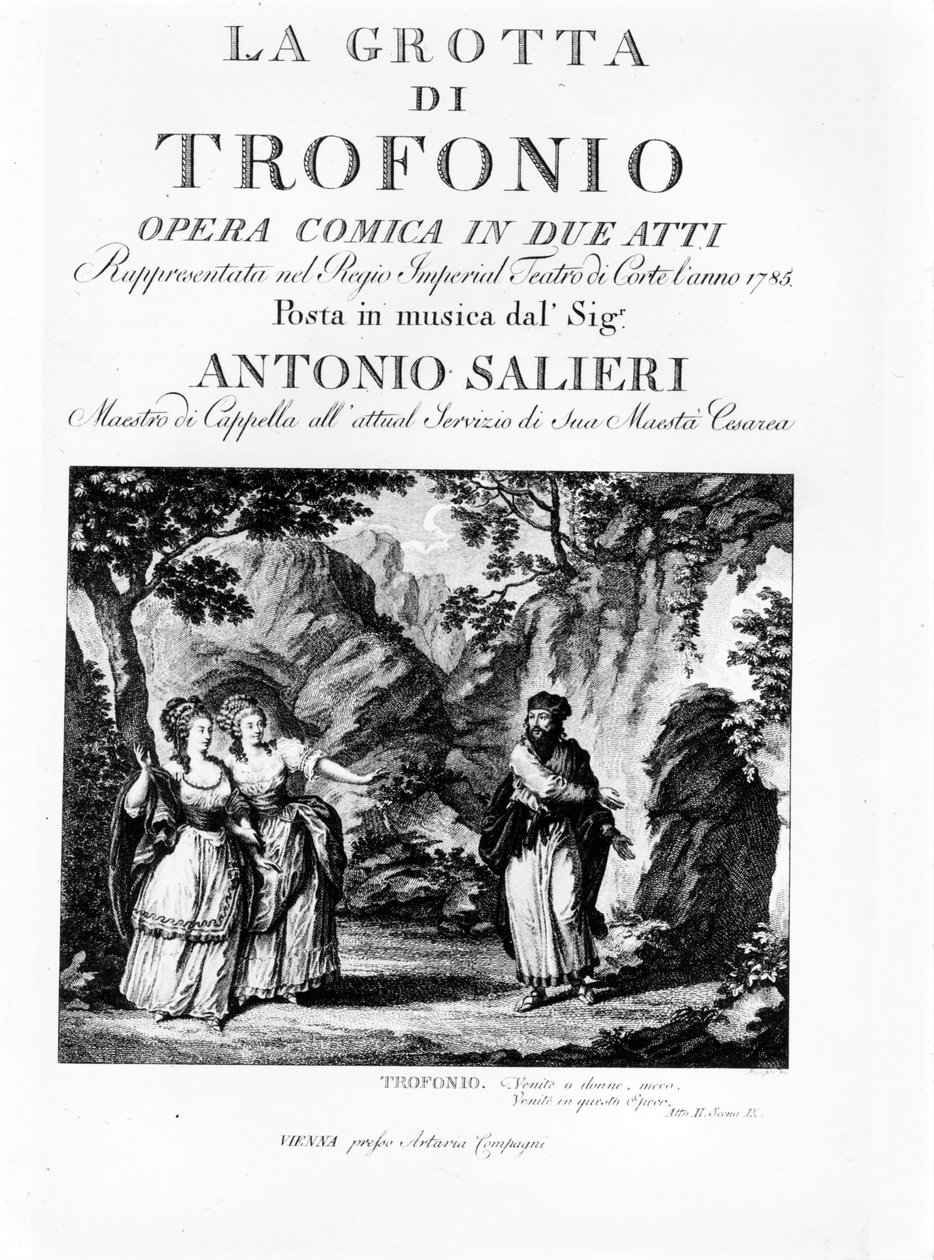 Antonio Salierin (1750 - 1825) 2-näytöksisen koomisen oopperan La Grotta di Trofonio libreton etukuva. 1785 tekijältä Italian School