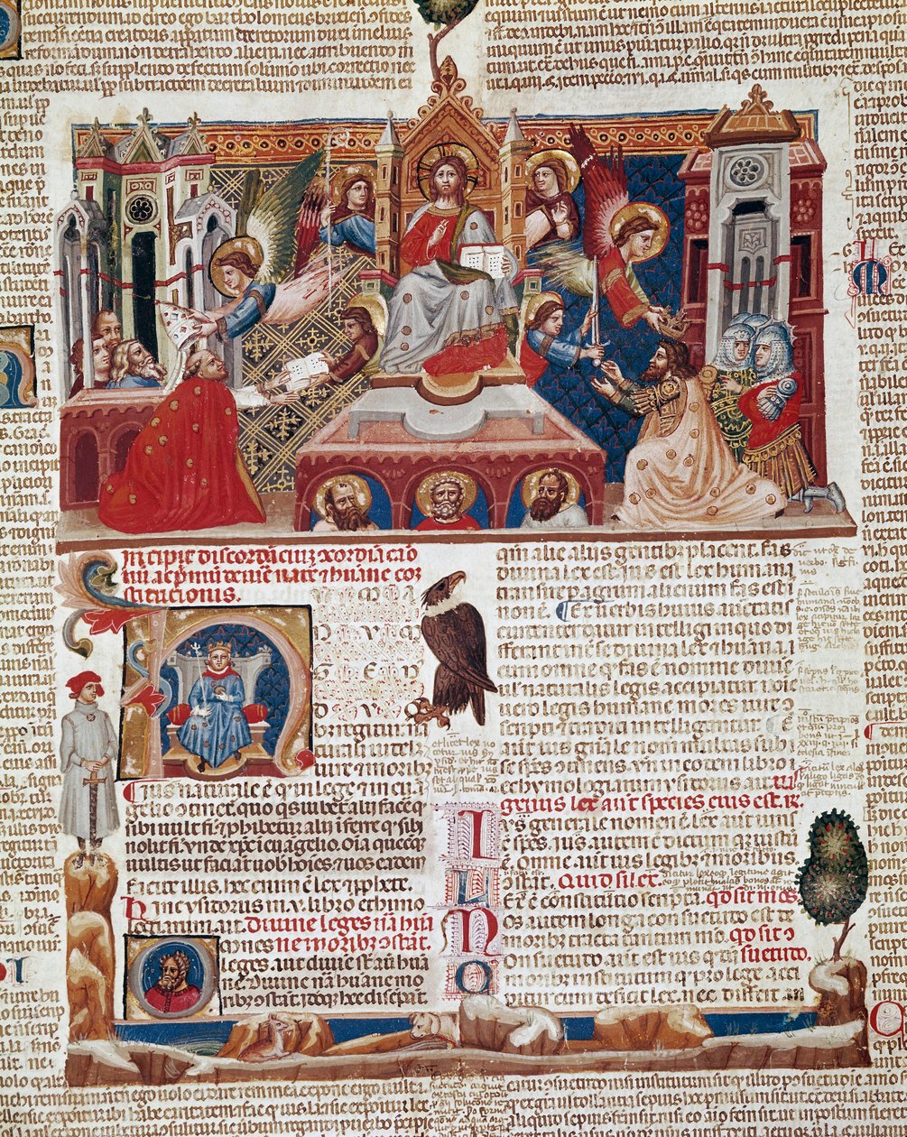 "Decret de Gratien" ("Concordia discordantiorum canonum" tai "Decretum Gratiani") käsikirjoituksen etusivu vuodelta 1140 ja säätelee roomalaiskatolisen kirkon lakeja ja kaanoneja. 1300-luvun Siena, Biblioteca degli Intronati tekijältä Italian School