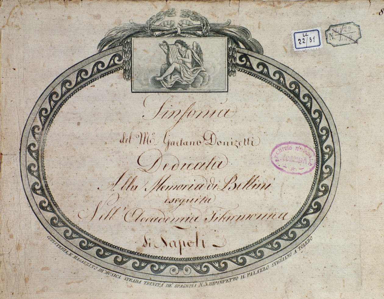 Gaetano Donizettin (1797-1848) "Sinfonia Es-duuri: omistettu Bellinin muistolle" etukappaleen yksityiskohta. tekijältä Italian School