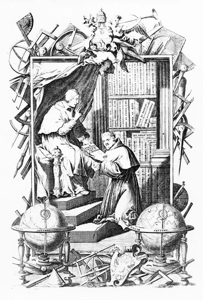 Vincenzo Coronellin Sacred-Profane Universal Libraryn etukappale, osa 1, vedos Alessandro dalla Via, julkaistu 1701 tekijältä Italian School