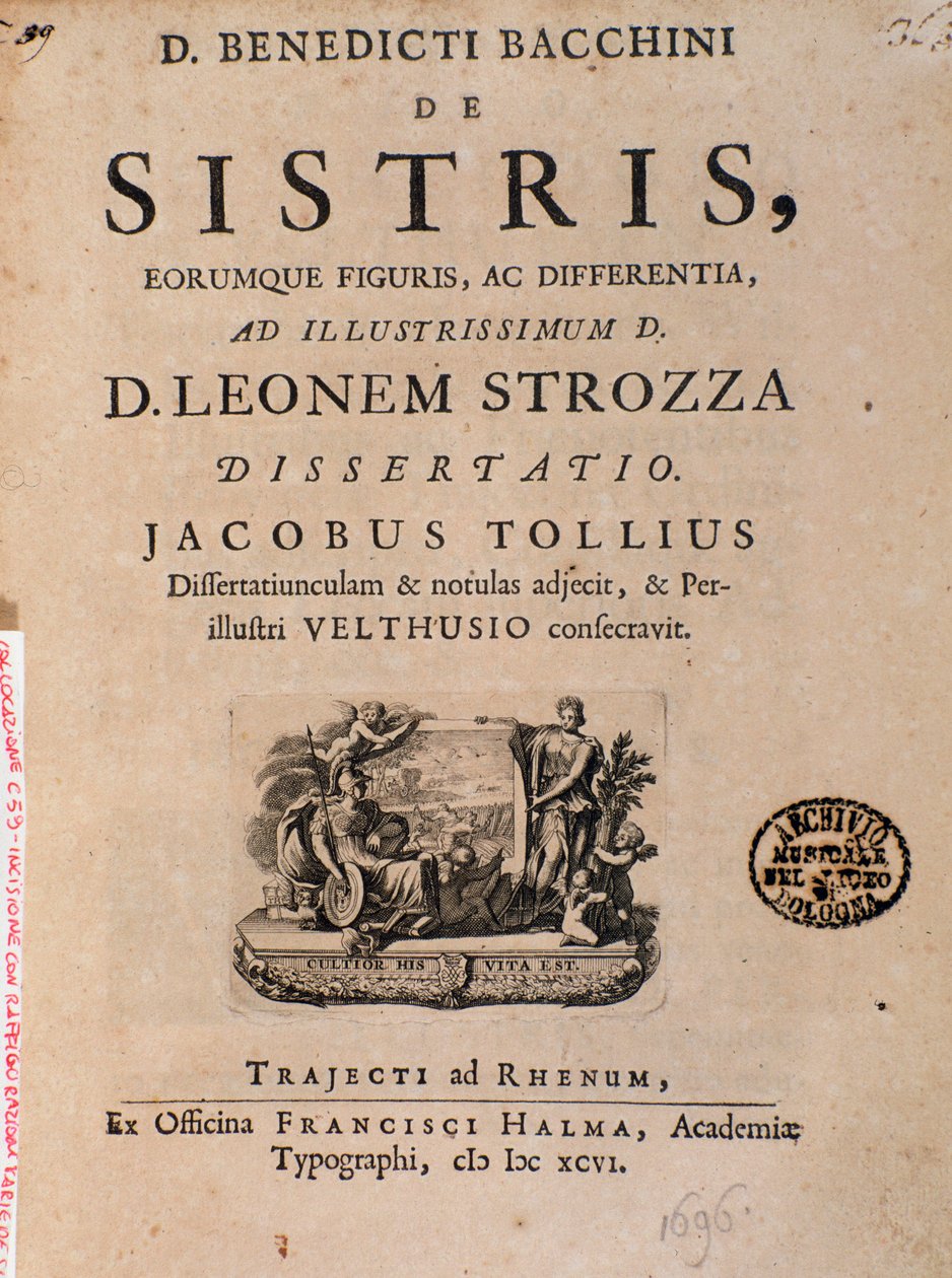 Etukappale Benedictus Bacchiniuksen "De sistristä". tekijältä Italian School