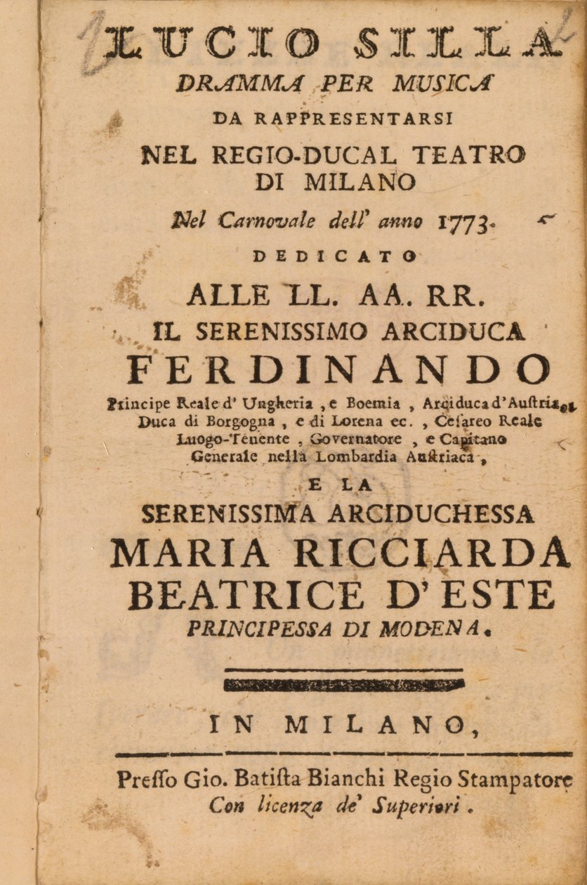 Frontispiece Mozarts Lucio Sillalta, esitettiin Milanossa vuonna 1773 tekijältä Italian School