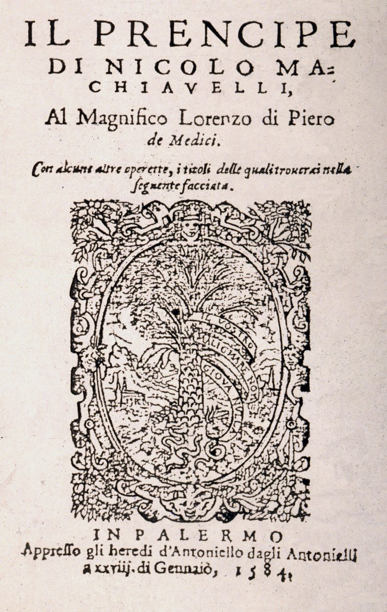 Etukappale Niccolo Machiavellin "Prinssistä" (litho) tekijältä Italian School