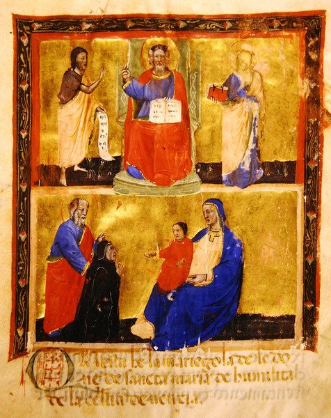 Etukappale, Madonna dellUmilitan liittokunnan maallikkokillan Mariegolasta, 1391 (mustetta ja kultalehtiä perunakalvolla) tekijältä Italian School