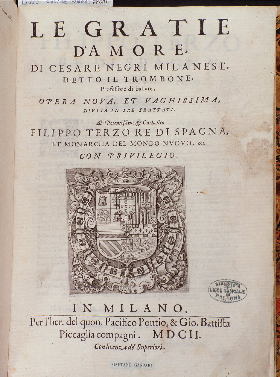 Italialaisen tanssijan Cesare Negrin Le Gratie dAmore (Le Grazie dAmore) etukappale nimeltä Il Trombone (1536-1604), tanssisopimus tekijältä Italian School