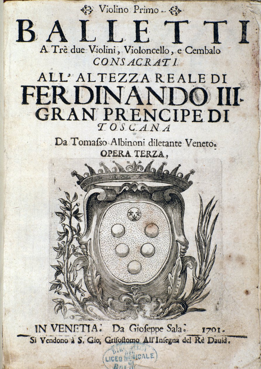 Tomaso Albinonin (1671-1750) oopperan III Balletti a tre -musiikkipartituurin etukappale tekijältä Italian School