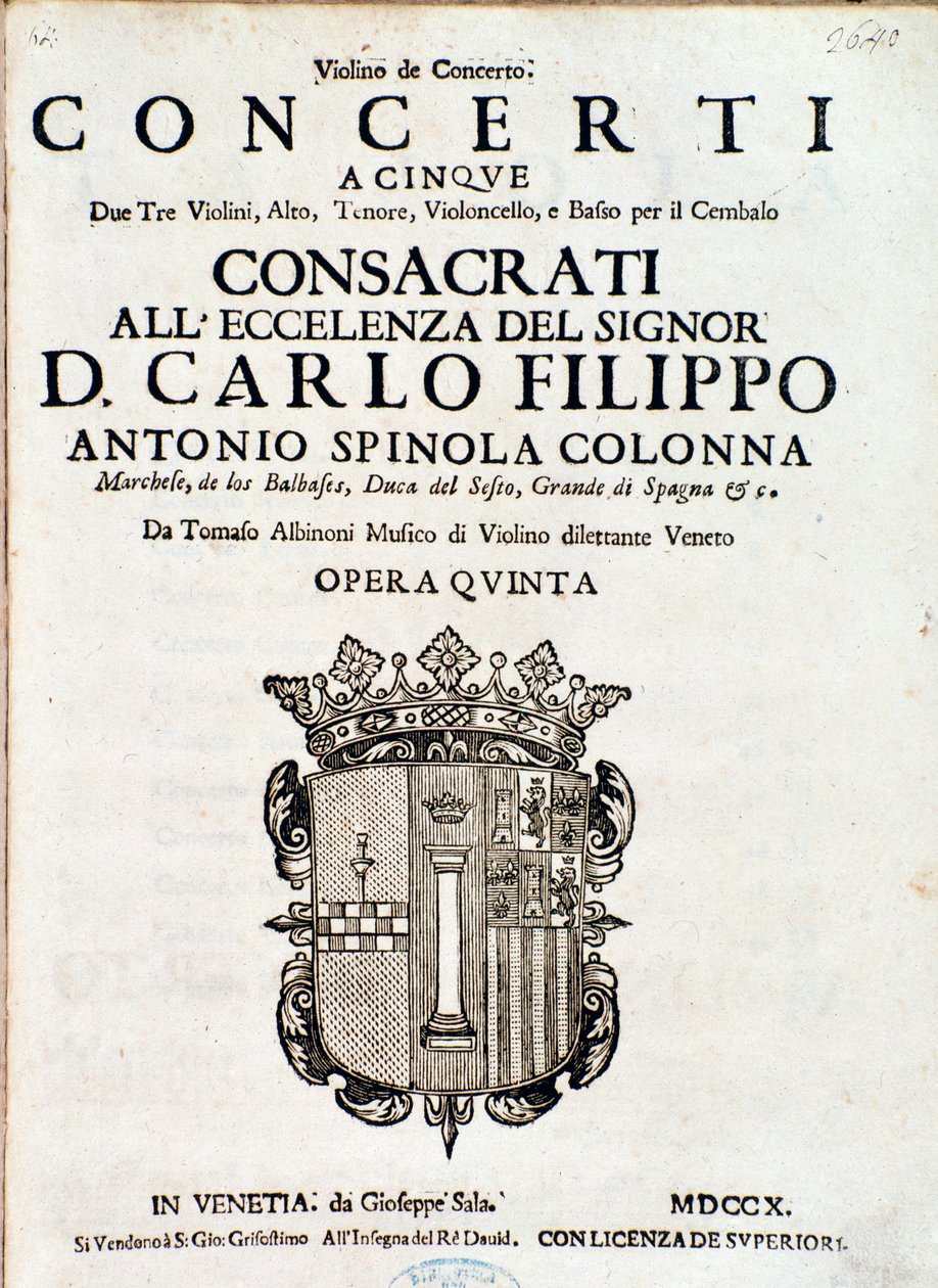 Tomaso Albinonin "Concerti a cinque, ooppera 5" -musiikkipartituurin etukappale tekijältä Italian School