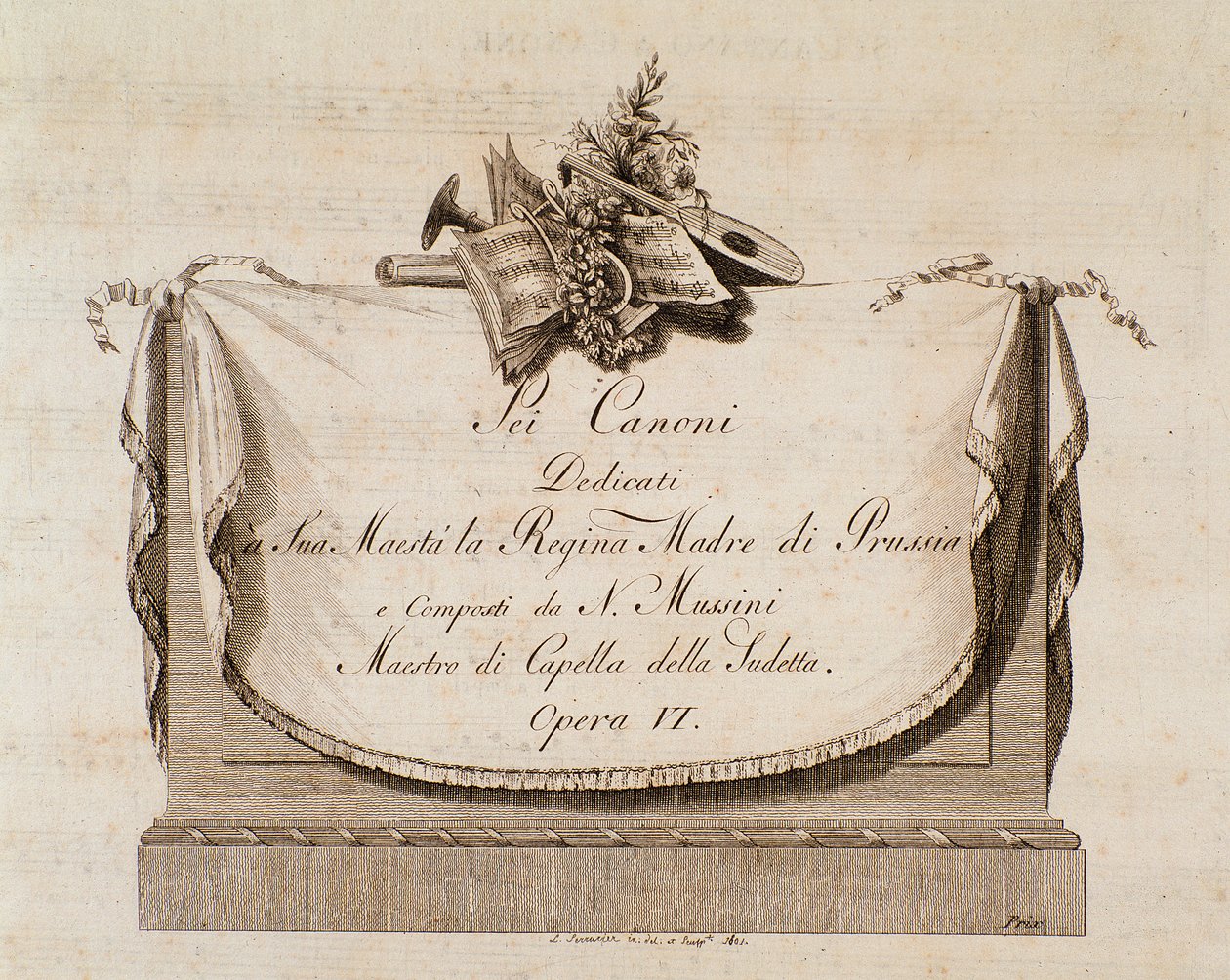 Italialaisen säveltäjän Natale Mussinin (1765-1837) Sei canonin partituurin etukappale, joka on omistettu Preussin kuningattarelle tekijältä Italian School