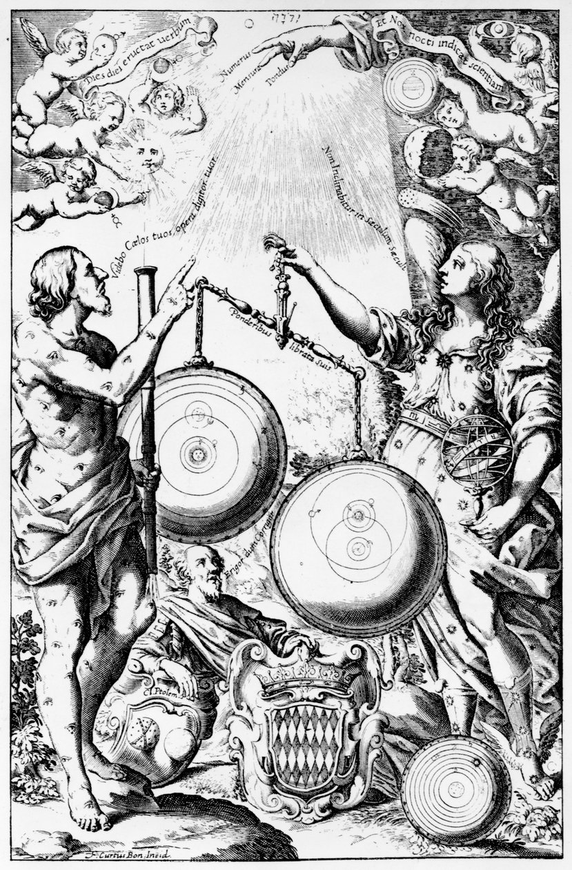 Giovanni Battista Ricciolin etukappale Almagestum Novumiin, julkaistu vuonna 1651 tekijältä Italian School