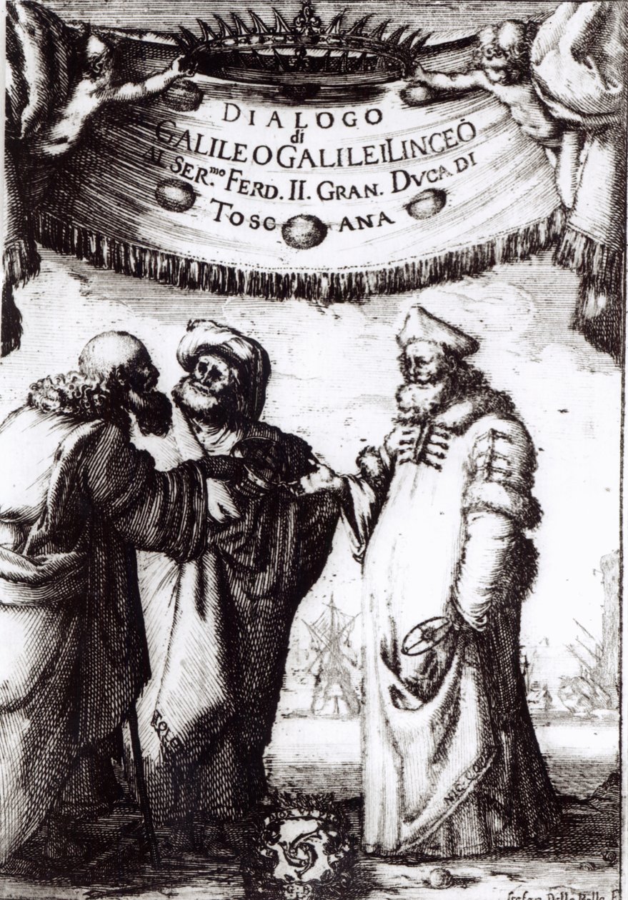 Galileon vuonna 1632 julkaisema Frontispiece to Dialogue on maailman kaksi suurinta järjestelmää tekijältä Italian School