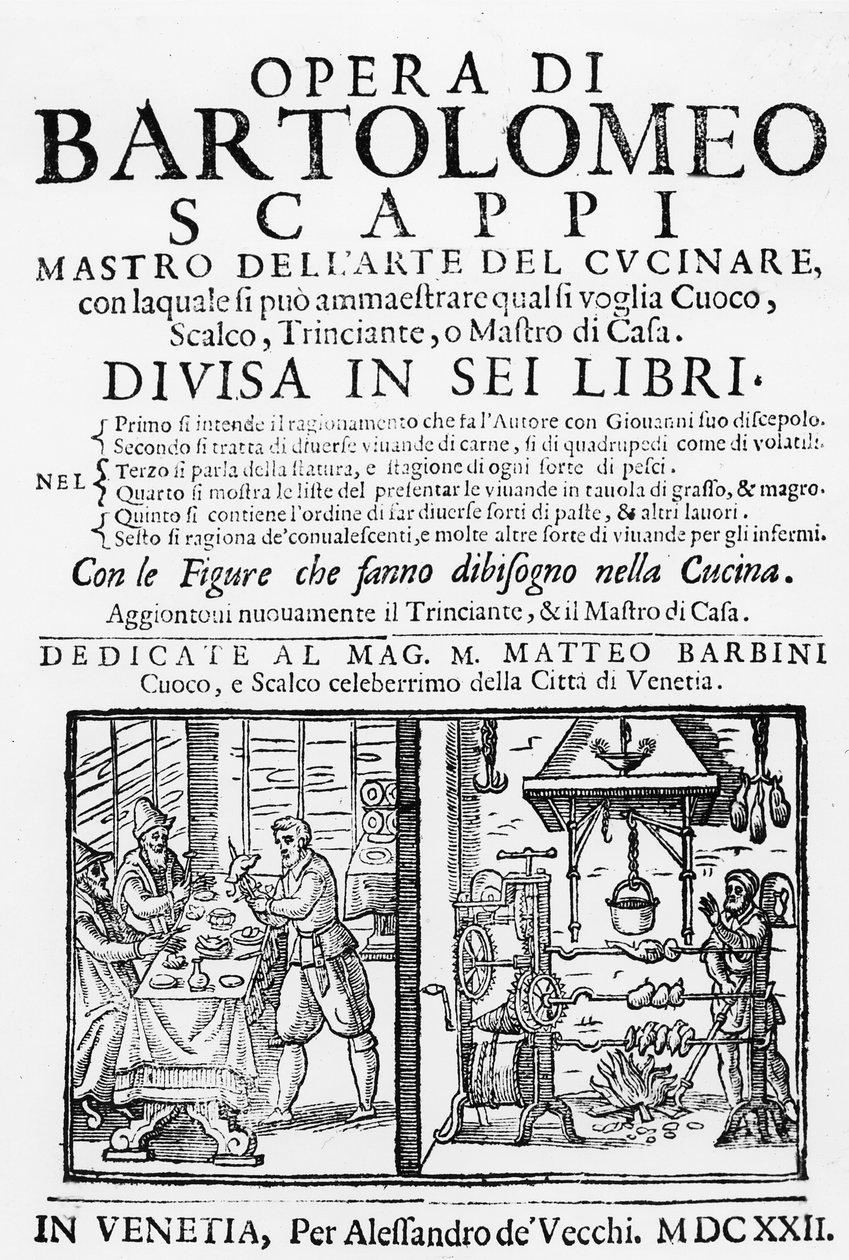 Etupuoli Bartolomeo Scappin keittokirjaan, 1622 tekijältä Italian School