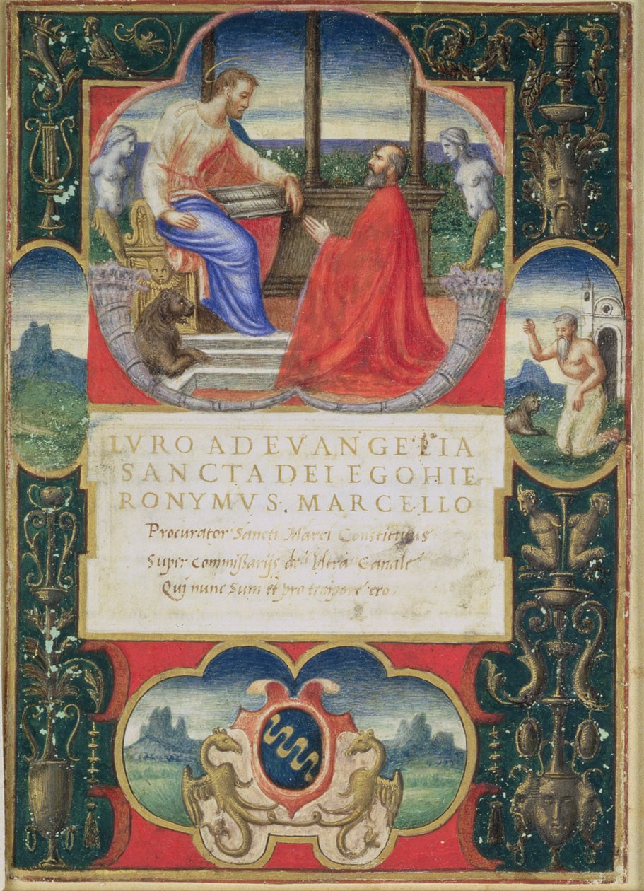 G. Marcello polvistumassa Pyhän Markuksen ja Pyhän Hieromuksen edessä sekä Marcello-perheen vaakuna, 1537 tekijältä Italian School
