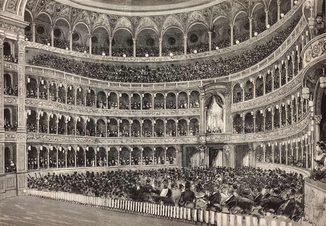 Gaalailta Costanzo-teatterissa Saksan kruununprinssin (tuleva Frederick III) kunniaksi, Rooma, Italia, kaiverrus Dante Paoloccin piirroksesta, L
