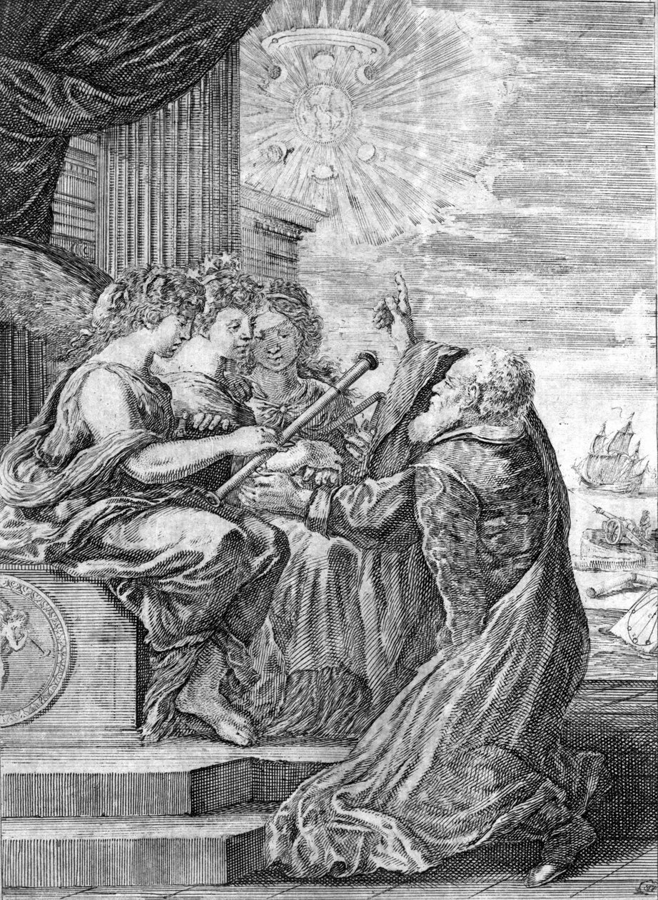 Galileo, tähtitieteilijä (1564 - 1642) esittelee kaukoputken kolmelle armolle. Hän osoittaa oikealla kädellään planeetta Jupiteria satelliiteineen, jotka hän on itse löytänyt ja omistettu Medici-perheelle. Frontispice de "" Opere di Galileo"" Bologna tekijältä Italian School