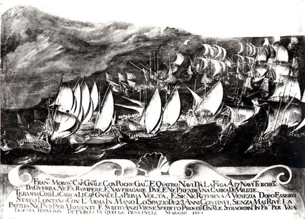 Kenraali Francisco Morosini (1618-94) ja venetsialainen laivasto turkkilaisen laivaston kohtaamisessa Kreetan rannikolla toukokuussa 1661. tekijältä Italian School