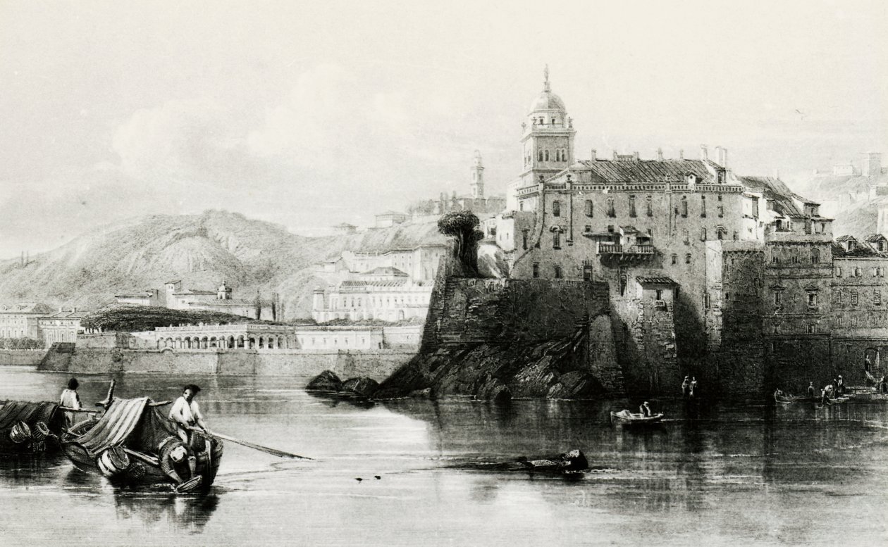 Genovan venesataman seinä, taustalla Villa Doria Pamphili, kaiverrus, n. 1850, Italia tekijältä Italian School