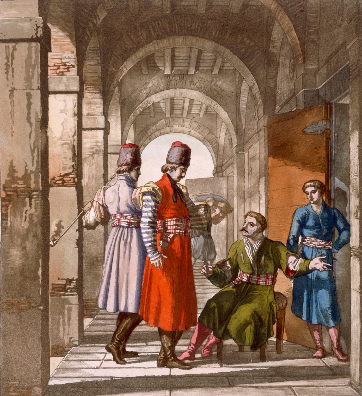 Georgian miehet juttelevat ja tupakoivat pelihallissa, noin 1820-30-luvut tekijältä Italian School