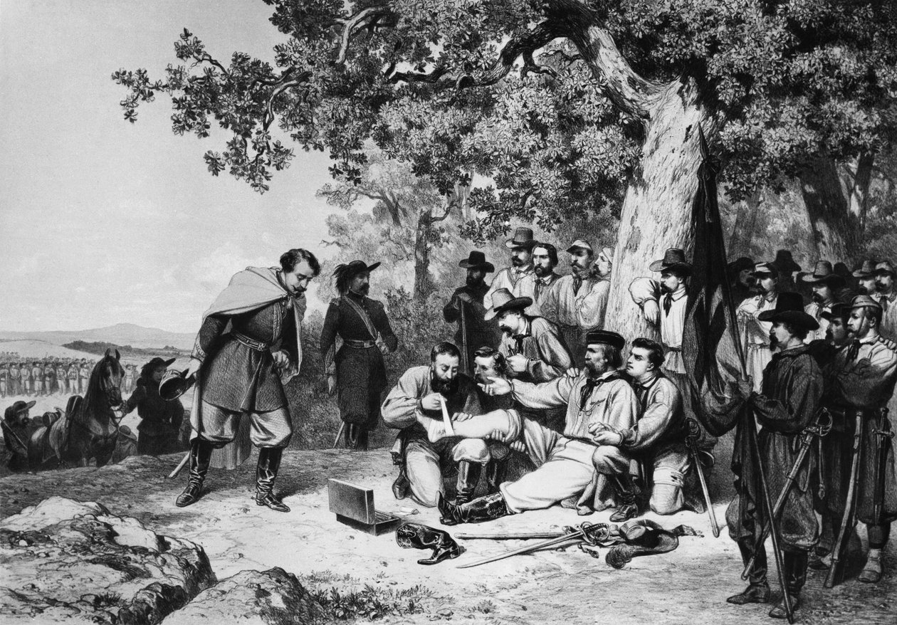 Giuseppe Garibaldi (1807-82) loukkaantui Aspromonten taistelussa vuonna 1862 tekijältä Italian School