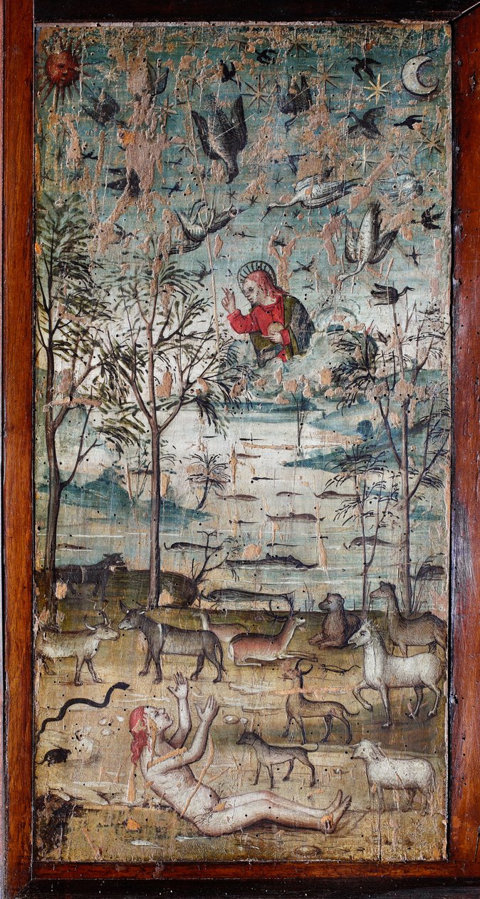 Jumala luo Aadamin, eläimen, maan, taivaan ja veden Puumaalaus, joka koristaa Bramanten muinaisen sakristin kaappipaneelia (Maalausta Bramanten sakristissa) Basilica di Santa Maria delle Grazie, Milano, Italia tekijältä Italian School