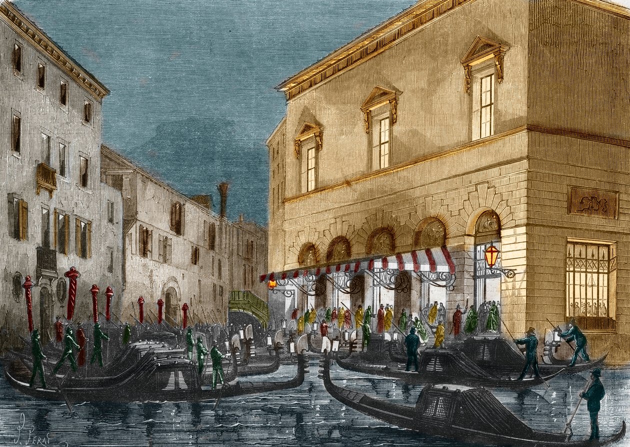 Gondolierit odottavat katsojia Teatro La Fenicen ulkopuolella, Venetsia, Italia, Le Monde Illustre nro 564, 1868 tekijältä Italian School