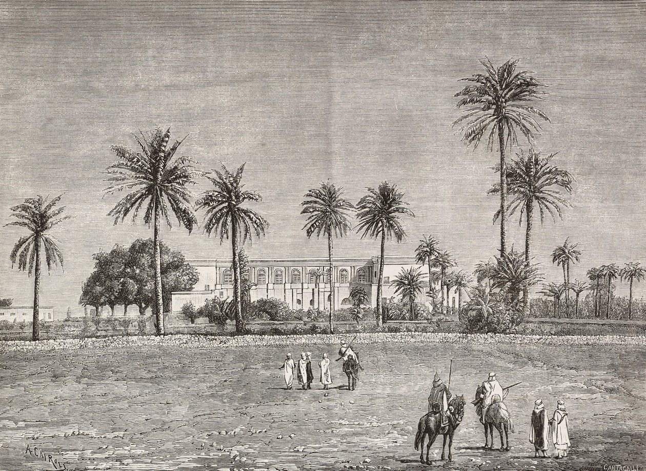 Kuvernöörin palatsi, jossa kenraali Gordon asui, Khartoum, Sudan, Cairolin kaiverrus L