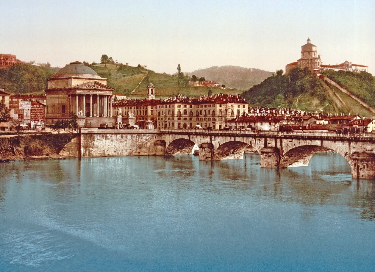 Gran Madre di Dio (etualalla) ja Santa Maria di Monte dei Cappuccini, Torino, julkaistu n. 1890 (värilitho) tekijältä Italian School
