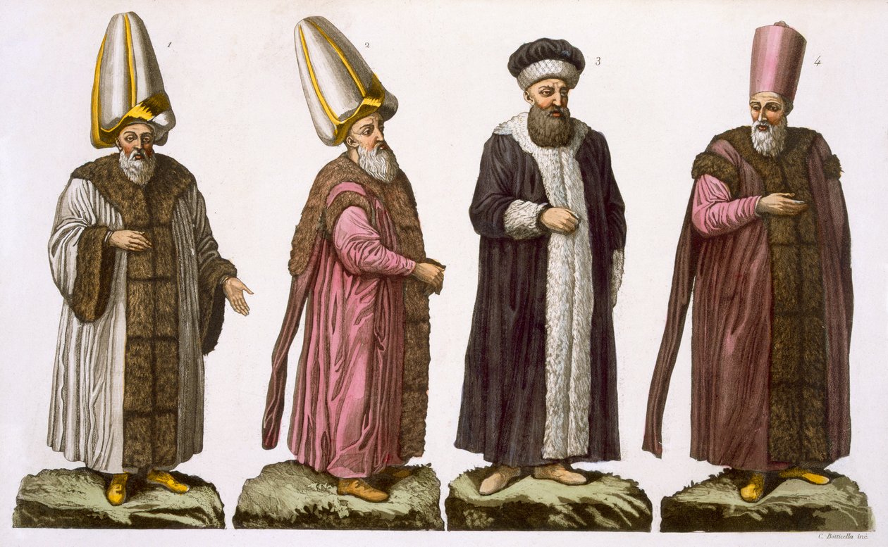 Grand Visir, Caim-Mecam, Reis-Efendi ja Khodjakian, levy 15 osasta III, osa I, The History of the Nations, kaiverrus C. Botticella (akvatinta) tekijältä Italian School